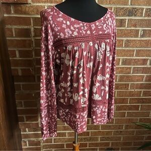 Lucky Brand Women L Floral Maroon Long Sleeve Boho Lace Cottagecore Folk Blouse